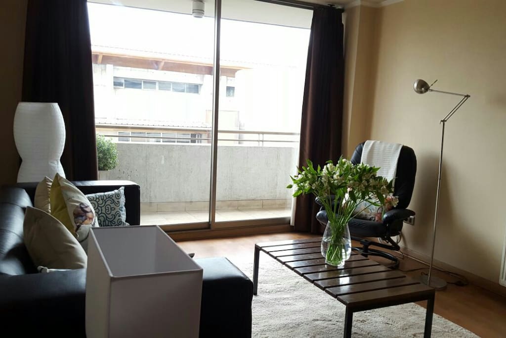 living con grandes ventanales, acceso a terraza e iluminación natural con vista parcial al Parque Almagro
