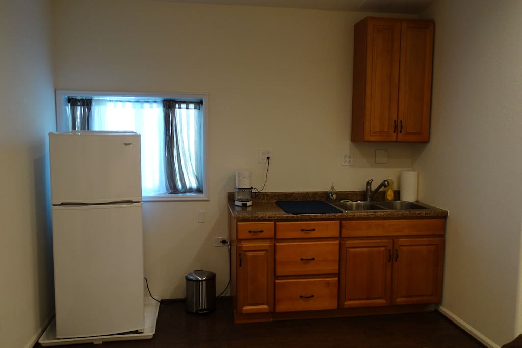 Small fridge. Wet bar with coffee maker.