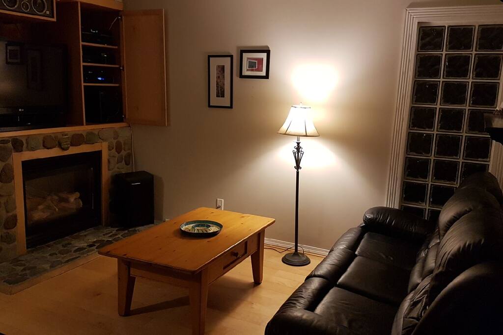 Cozy living room with 2 leather couches, T.V., gas fireplace, view of the backyard through double glass sliding door.