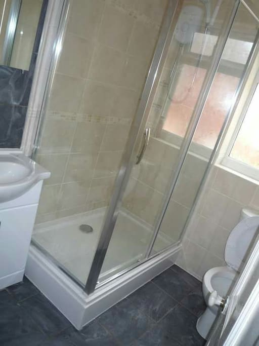 Modern bathroom with wc, sink & double shower.