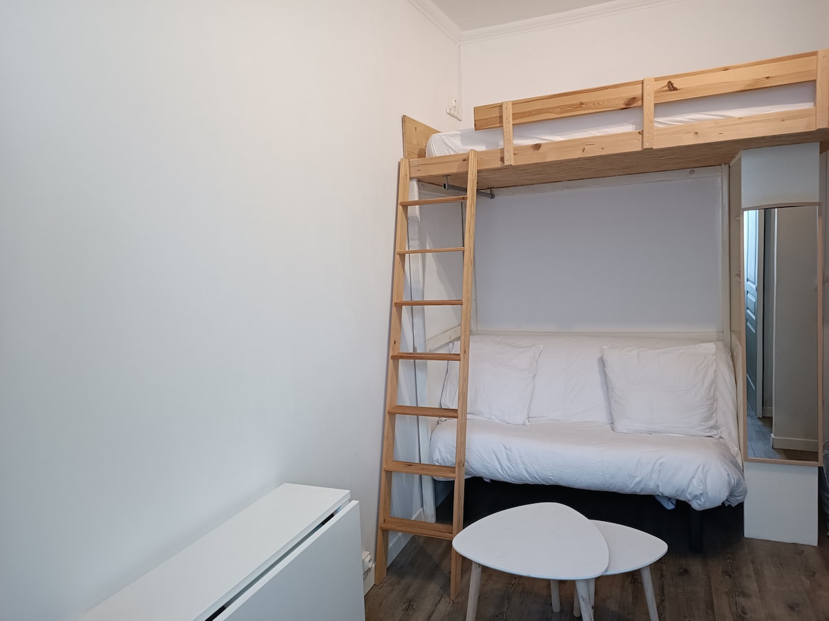A compact studio features a convertible sofa below a lofted sleeping area accessed by a wooden ladder. The space is illuminated by natural light, with light-colored walls and wooden flooring. A simple, round table is positioned in front of the sofa.