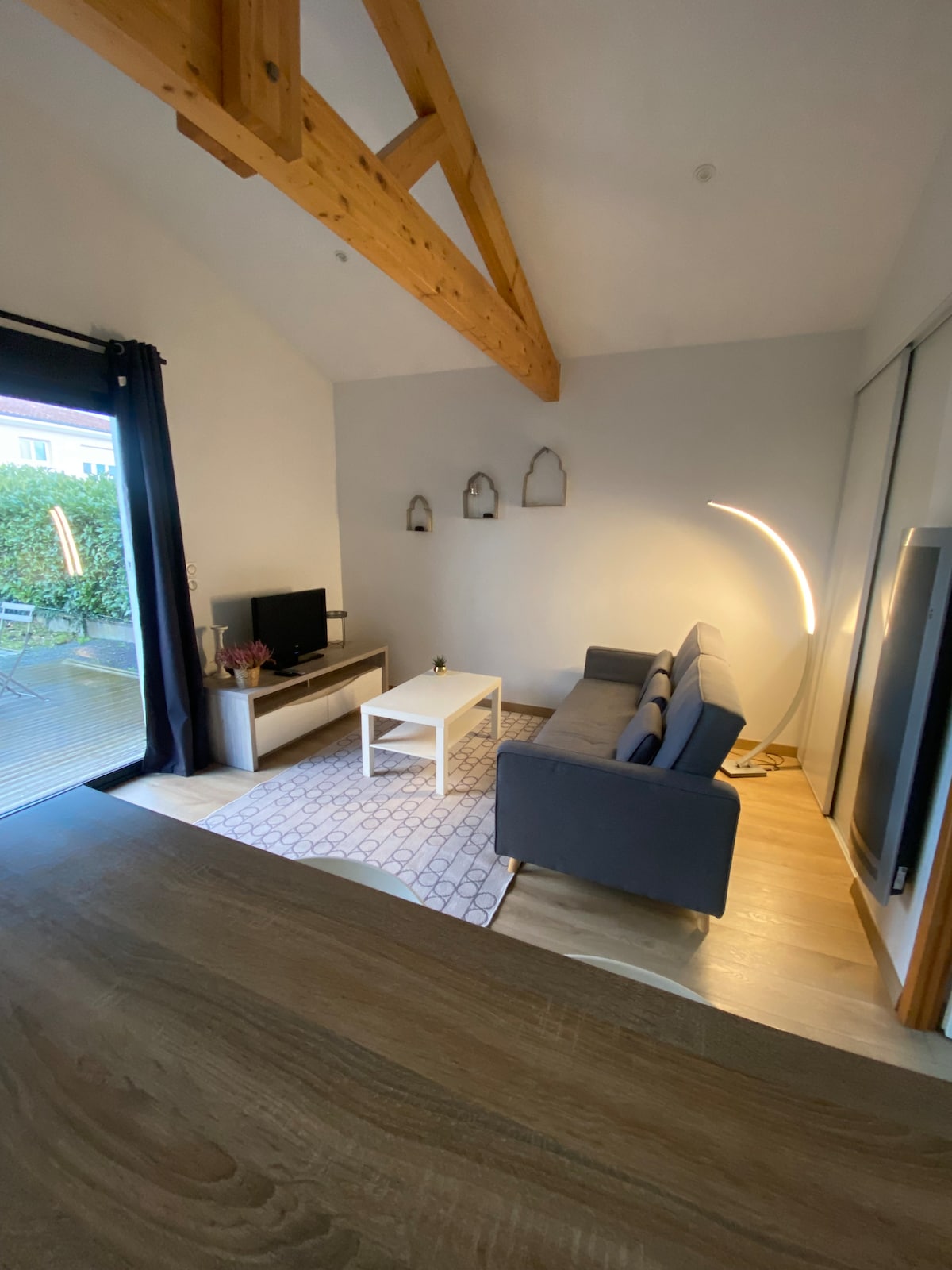 A living area is featured, showcasing a comfortable gray sofa positioned across from a television. A minimalist coffee table sits in the center on a patterned rug, with light from a contemporary floor lamp illuminating the space. A sliding glass door opens to an outdoor area.