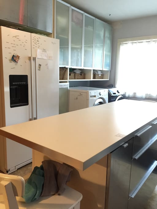 Kitchen island and cupboards and IKEA fridge with filtered water. Washer and dryer.