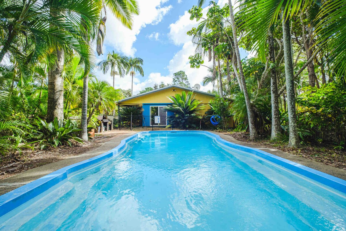A gleaming swimming pool is set against the backdrop of a vibrant yellow cabin surrounded by lush greenery. Palm trees and other tropical plants frame the area, creating a serene outdoor atmosphere. Soft blue accents define the pool's edges, reflecting the clear sky above.