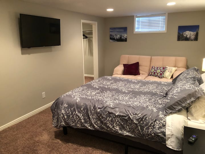 Downstairs master bedroom with queen bed, futon, 43" Roku TV, large walk in closet and direct access to master bath.