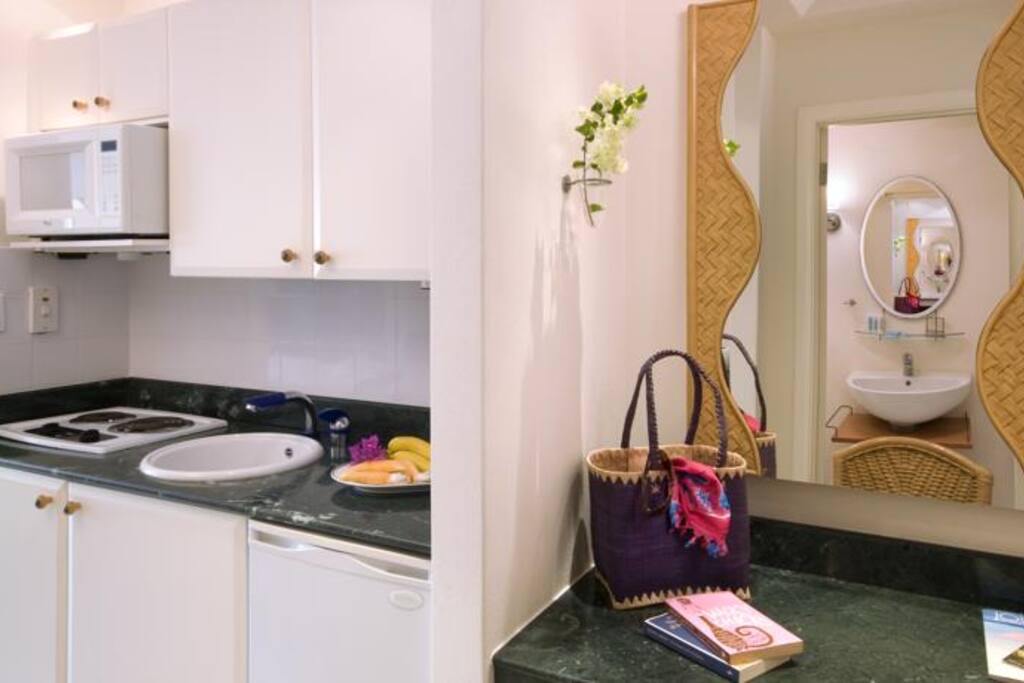 counter top cooker, fridge and microwave