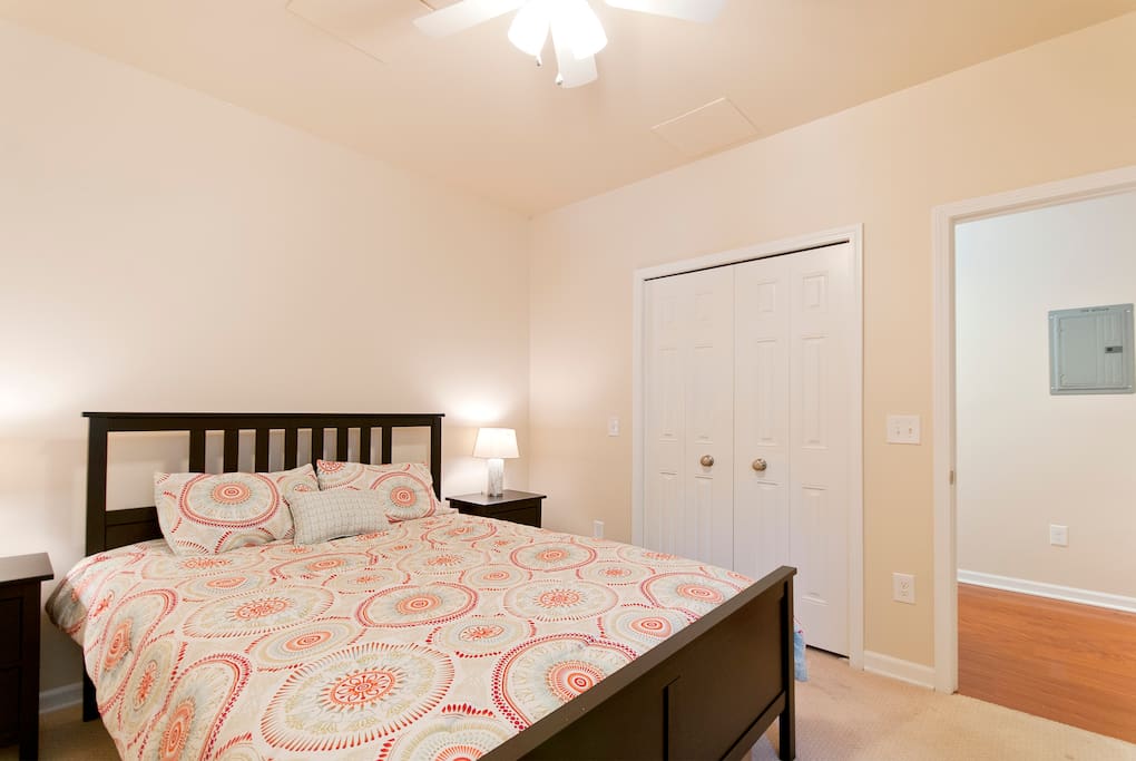 Bedroom one. Queen size bed with nice closet space and dresser