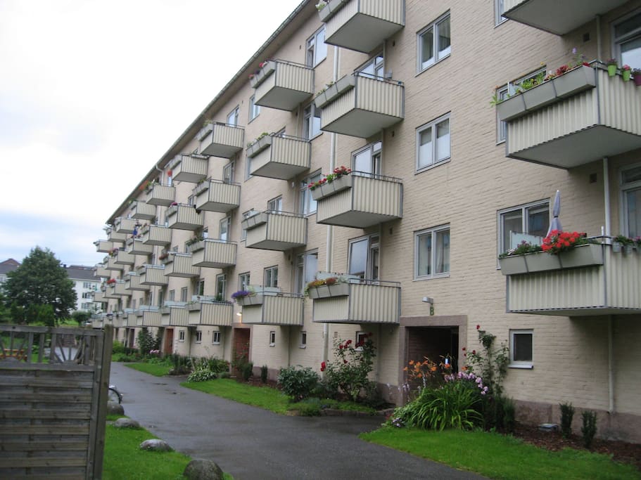 Apartment building, next to park.