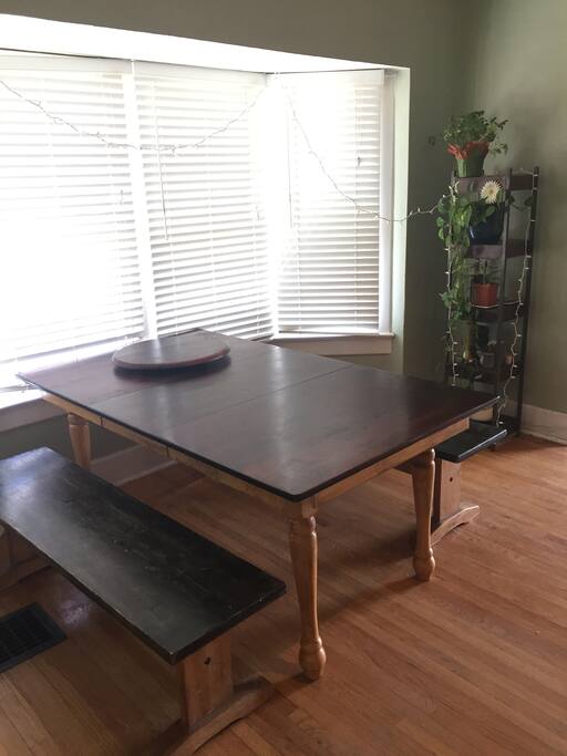 Farm style large dining table seats up to 8.