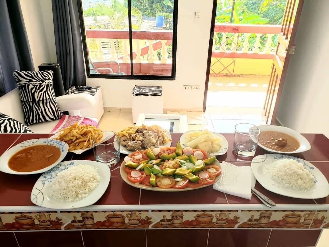 A dining table is set with an array of plates featuring rice, grilled meats, and fresh vegetables. Two glasses of water are placed beside each plate. In the background, a large window offers a view of greenery, while a comfortable sitting area is visible.