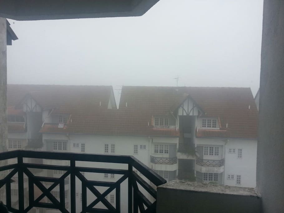 View of a misty morning from the living room and balcony
