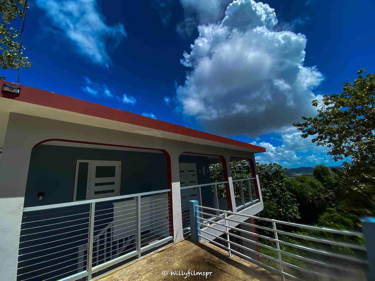 The exterior of a two-story house is presented, featuring a balcony with a railing. The structure is framed by lush greenery and is set against a backdrop of bright blue skies and fluffy clouds. Clear views of the surrounding landscape can be seen.