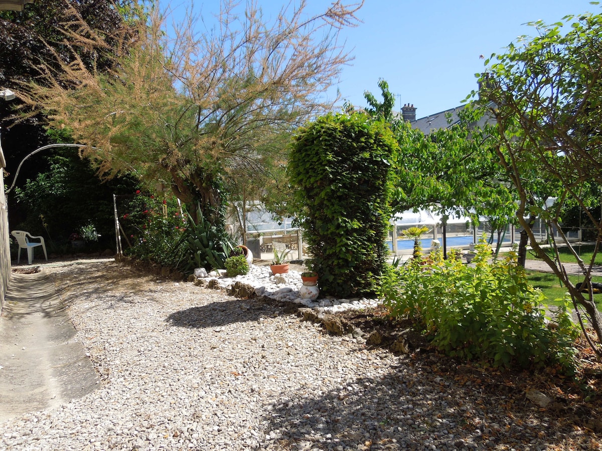A tranquil garden area features gravel pathways surrounded by lush greenery, including bushes and slender trees. The space is open and bright, with natural sunlight illuminating the environment. A seating option is visible in the background along with a glimpse of a pool area.