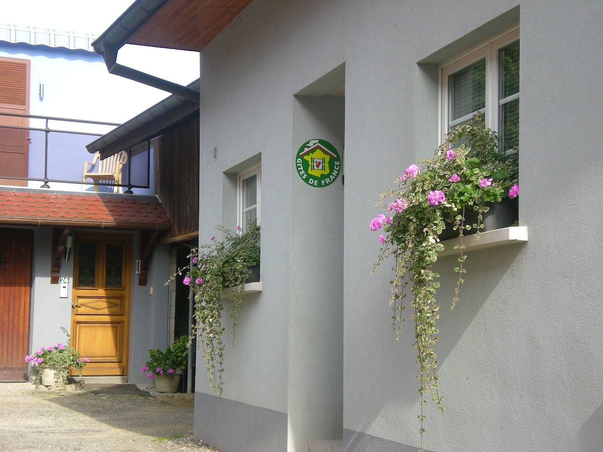 A charming exterior view of the gîte showcases two windows adorned with vibrant pink flowers in hanging pots. The simple grey facade complements the greenery, while the sign above the door indicates the property name. A wooden door adds warmth to the inviting entrance.
