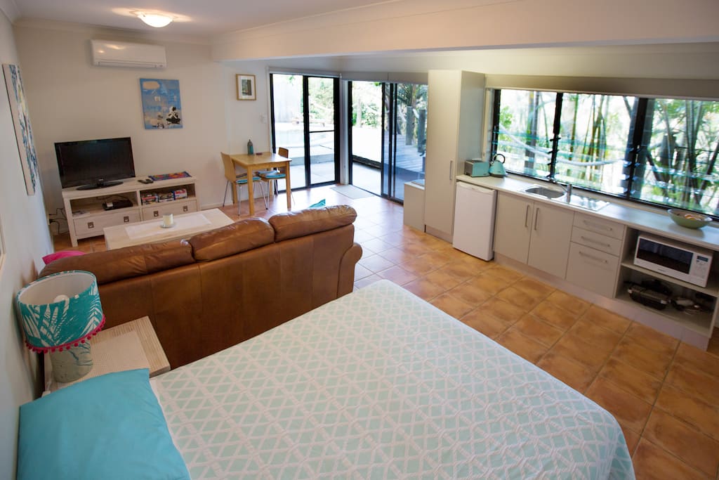 Studio apartment overlooking the pool and tropical garden.