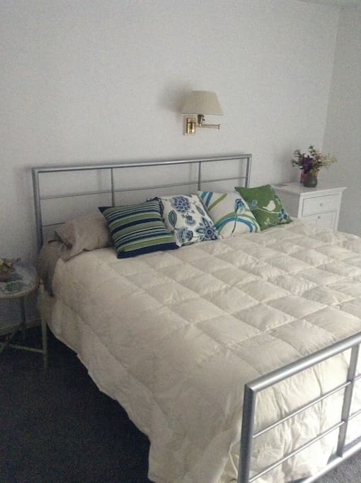 Downstairs king bed with door open to back deck.