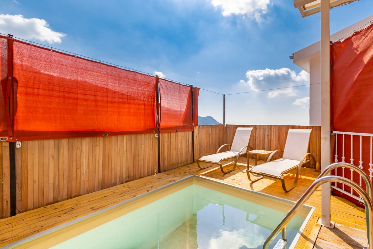 An outdoor terrace features wooden decking surrounding a small private pool. Two lounge chairs are positioned next to the pool, complemented by red privacy screens. The backdrop captures a clear blue sky with a few scattered clouds, enhancing the serene setting.