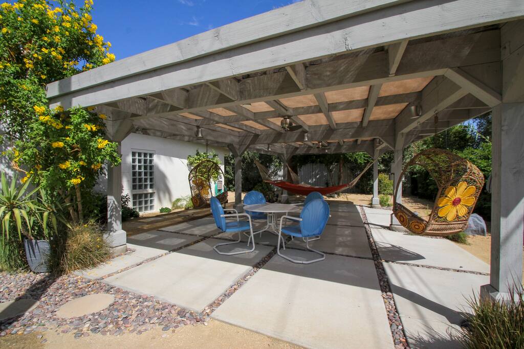 Patio two has hanging chairs and hammocks for you to arrange as you like plus ceiling fans