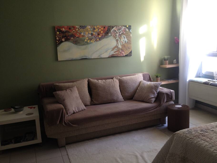 Relax watching TV or reading a book..this sofa turns to a double bed , to accomodate 1 or even 2 people