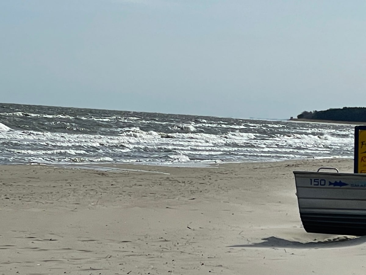 A sandy beach is displayed with gentle waves lapping at the shore under a clear sky. A small boat is visible on the right, partially on the sand, while the horizon showcases a distant line of trees framing the scene.
