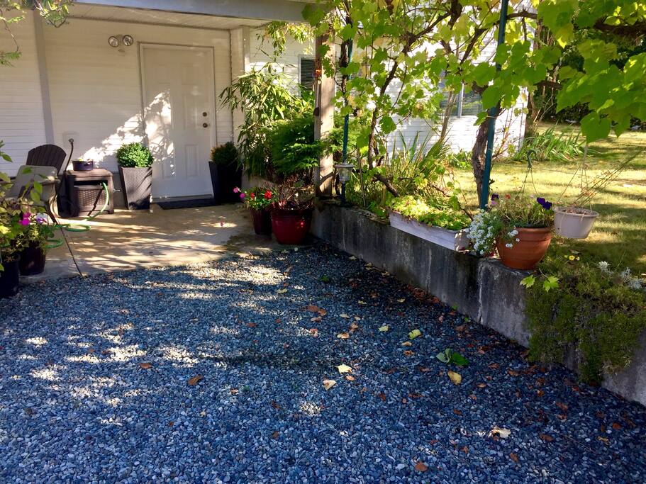 Private entrance, patio and free, secure parking