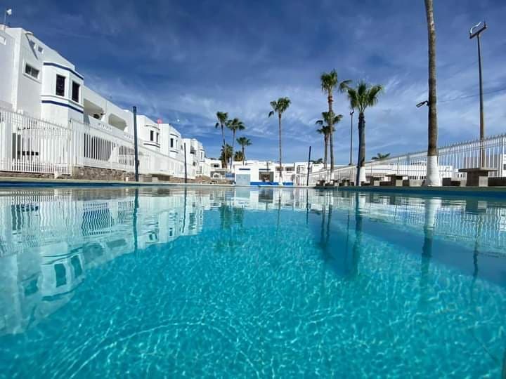 The image captures a clear, turquoise pool surrounded by tall palm trees and lounge areas. White buildings in the background reflect a sunny sky, creating a serene and inviting atmosphere. The pool's surface is smooth and appears inviting for leisurely swims.