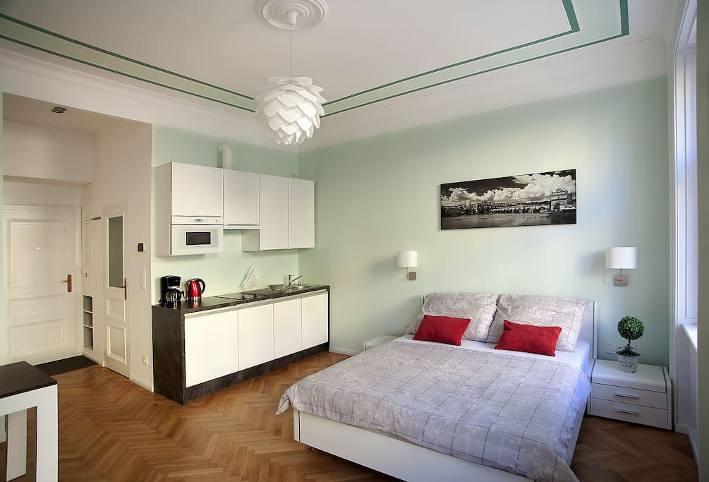 bedroom (bed linen, TV, satellite, internet WiFi, LAN, safe) with kitchen (microwave, coffee maker, kettle, dishwasher)