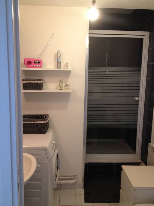 salle de bain avec douche, lave linge, lavabo et toilettes