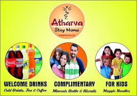 A colorful promotional image presents various beverages and snacks available at the homestay. Options include cold drinks, tea, and coffee, with a focus on complimentary mineral water bottles and biscuits. A playful section for kids features instant noodles, highlighted with cheerful, smiling family imagery.