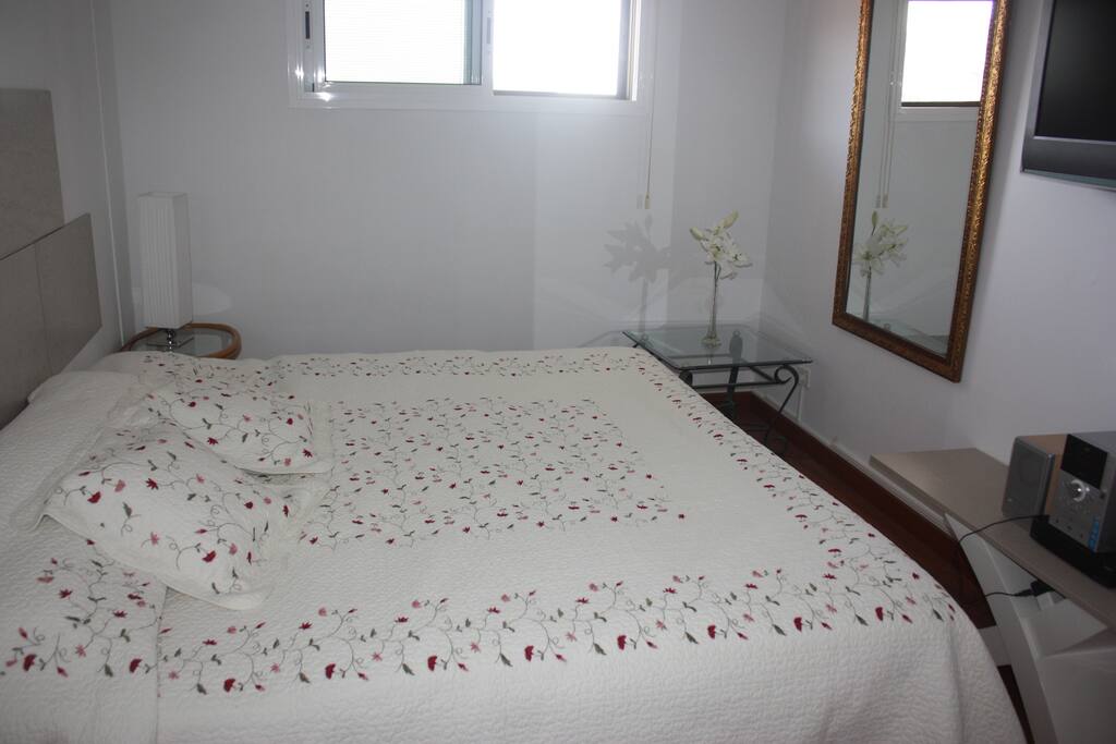 dormitorio con parquet,grandes espejos mini cadena músical y televisor