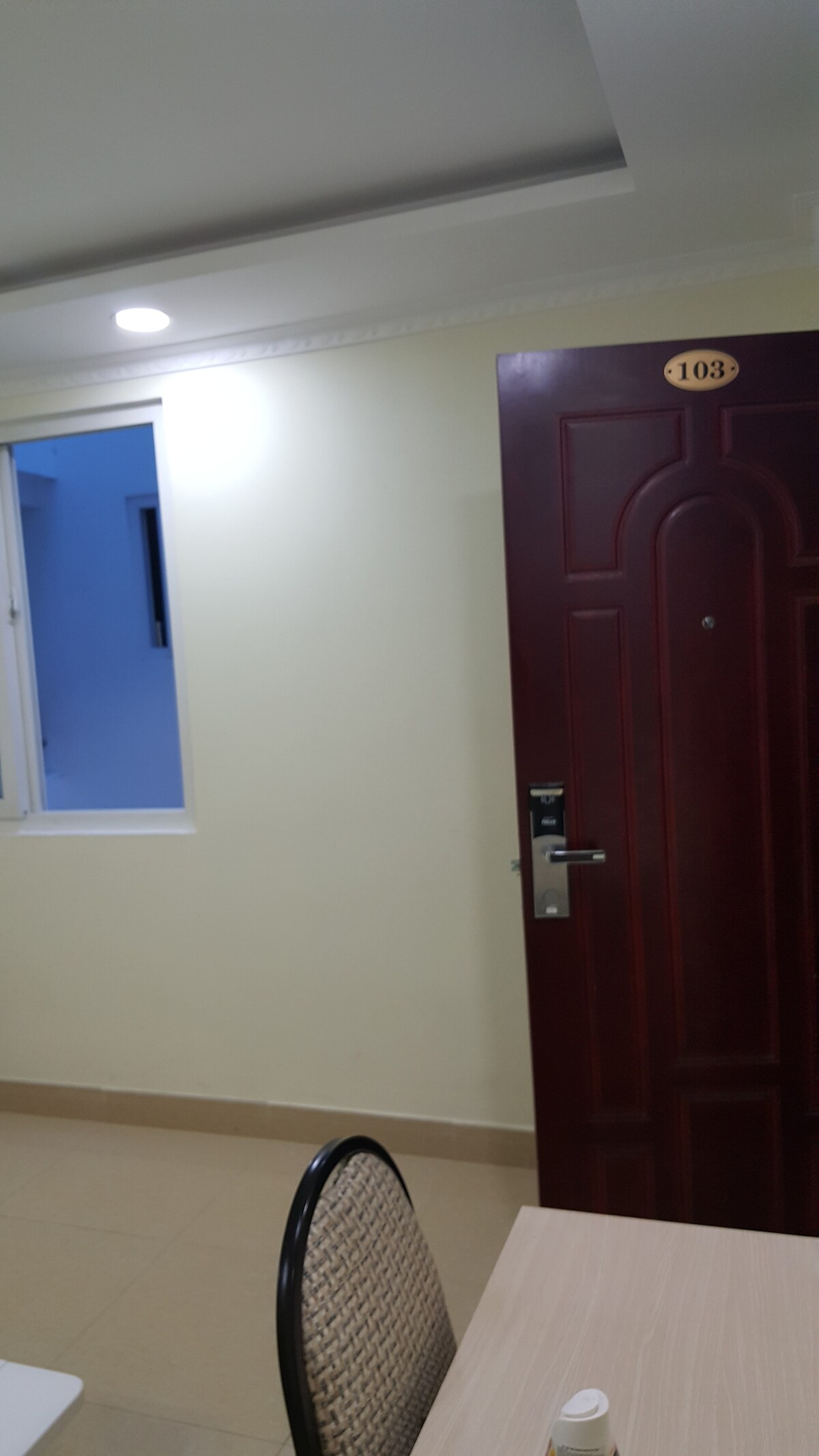 An entryway features a wooden door labeled '103' and a window allowing natural light to enter. A small table with a woven chair is positioned nearby, complementing the neutral wall color and tiled floor.