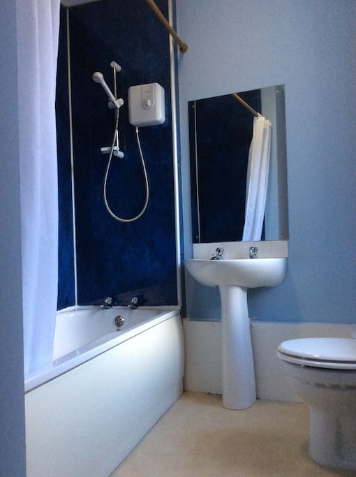 The bathroom has an electric shower over the bath.