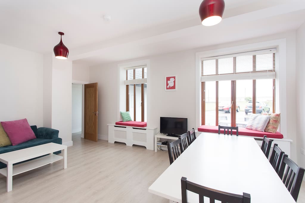 Modern dining area with window seats