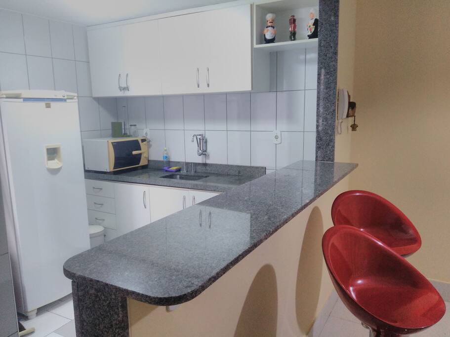 Cozinha americana, com geladeira e microondas