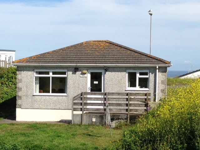 A single-story bungalow is presented with a textured gray exterior and a sloped roof. Two large windows provide natural light, while a wooden ramp enhances accessibility to the front entrance. Green grass and yellow wildflowers are visible in the foreground.