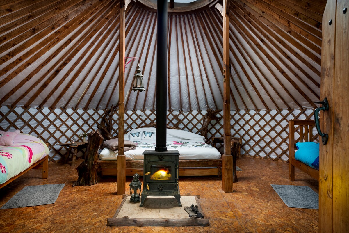 The interior of the yurt features a circular design with wooden beams extending from the center. A small wood stove is positioned on a stone base, providing warmth. Two beds with colorful bedding are placed against the walls, accompanied by rustic wooden seating and a cozy atmosphere.