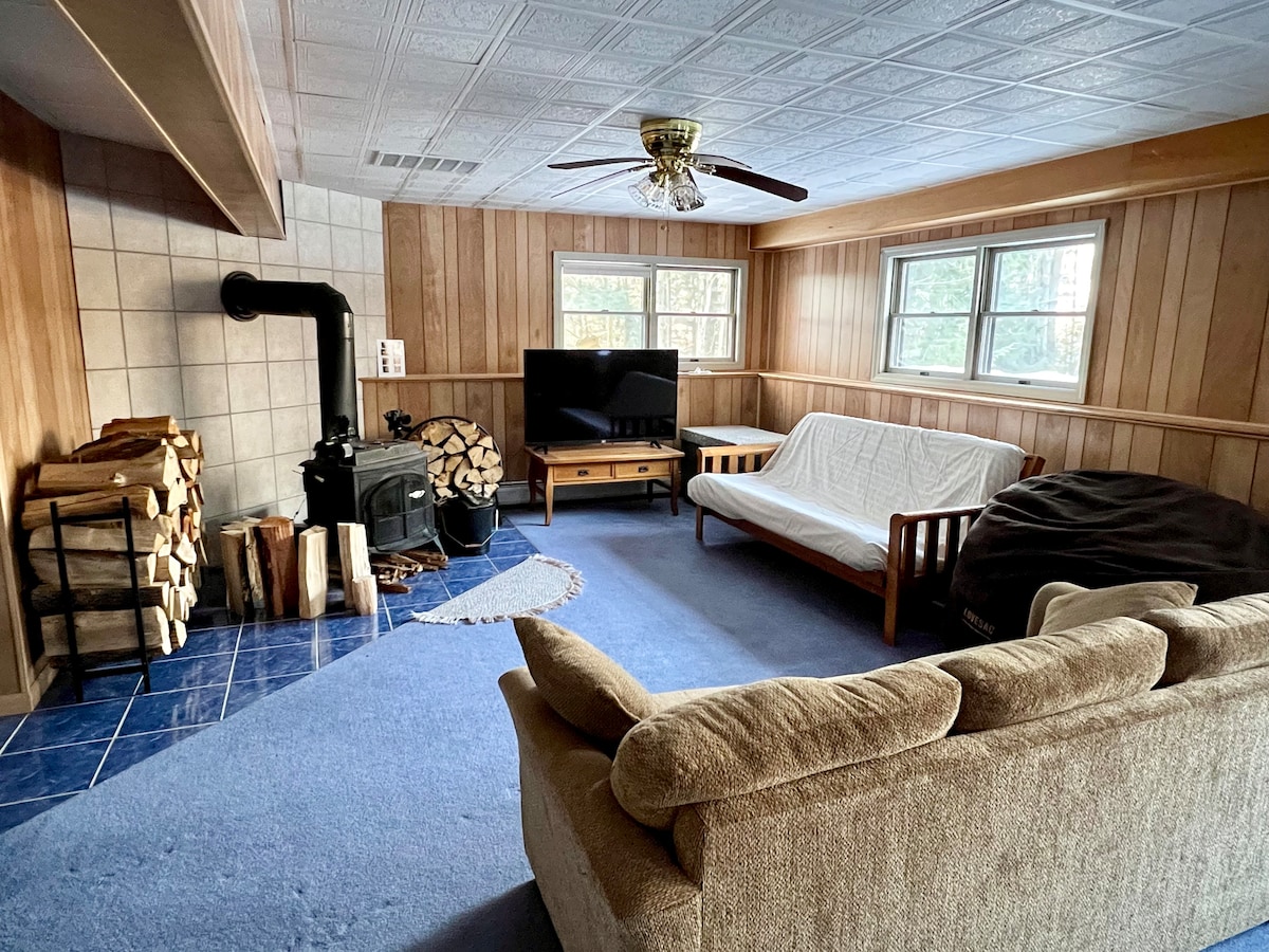 A cozy living area features a wood stove, a flat-screen TV, and a futon that can serve as additional sleeping space. Natural light enters through multiple windows, illuminating the blue carpet and wooden walls. A comfortable couch and a circular rug enhance the inviting ambiance.