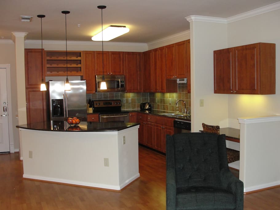 Work station between living room and kitchen.