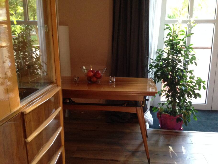 Dining table expands for up to 6 people.