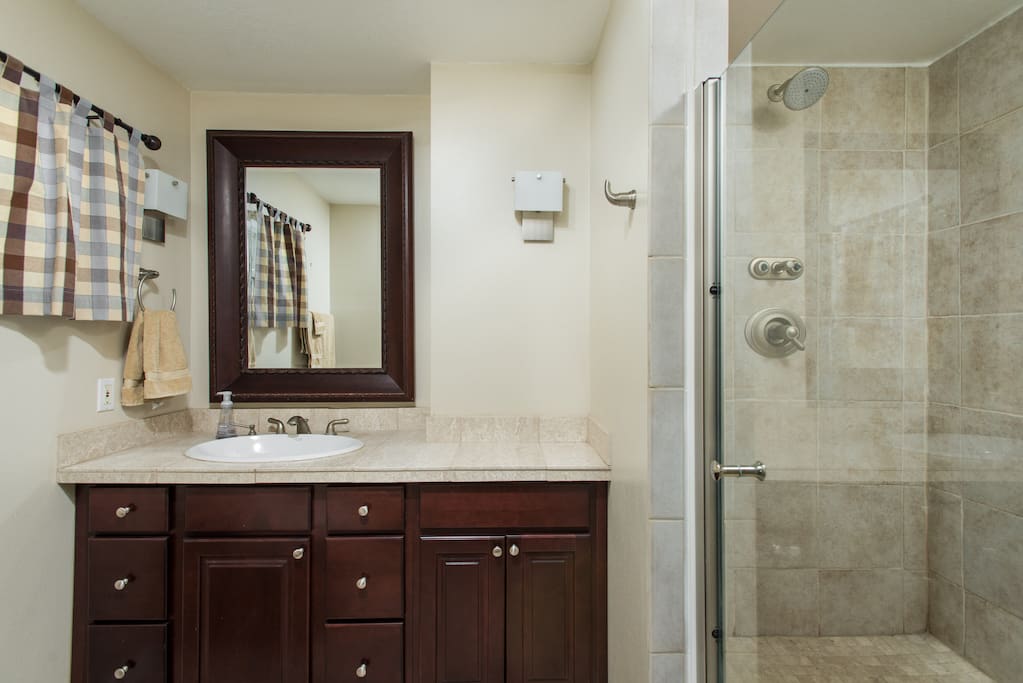 Large Master Bath with 3 nozzle shower system.