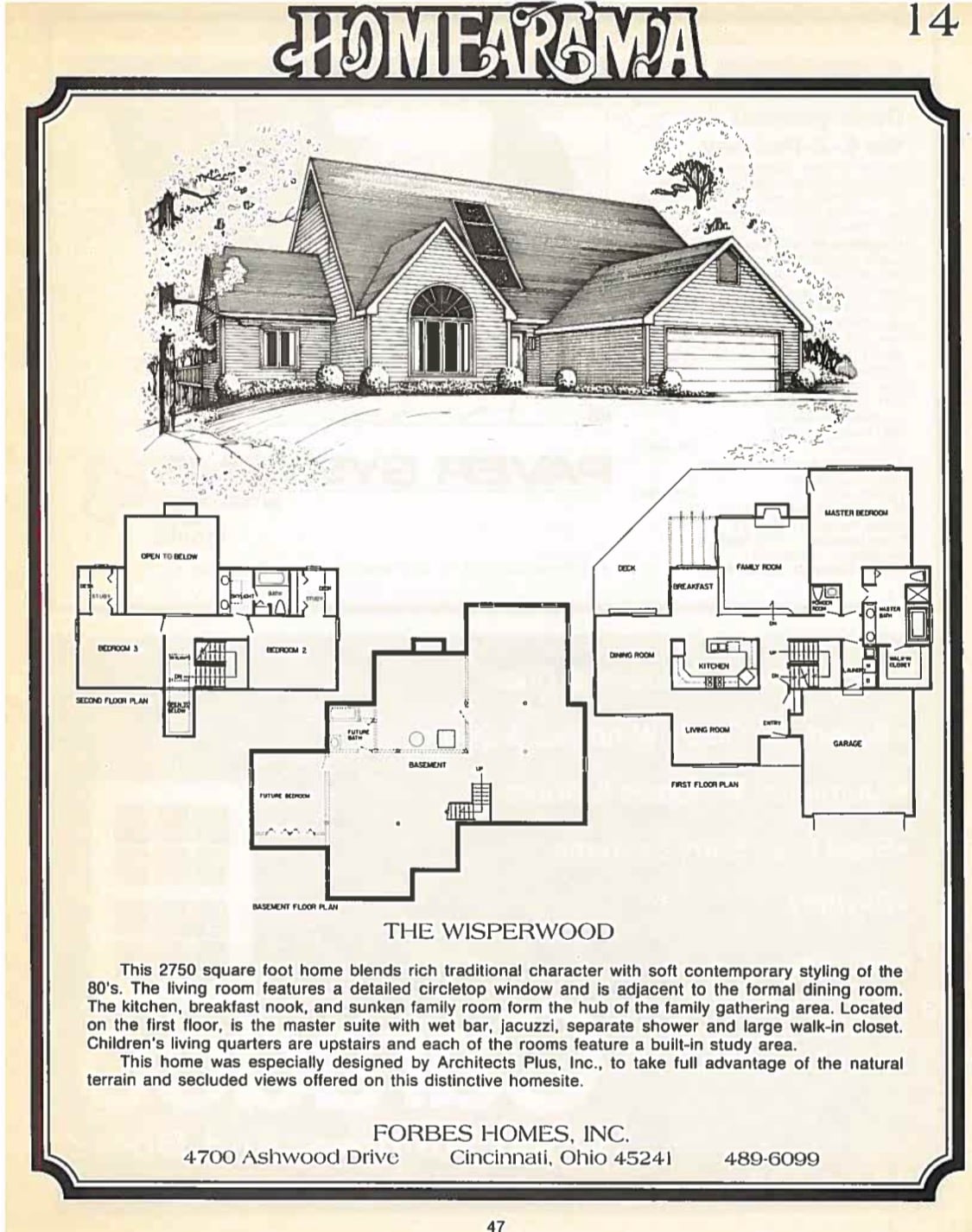 A home brochure features a two-story house design displaying a combination of traditional and contemporary styles. The layout includes notable rooms such as a living room, dining room, kitchen, and various bathrooms, illustrated along with floor plans that suggest multiple accessible areas.