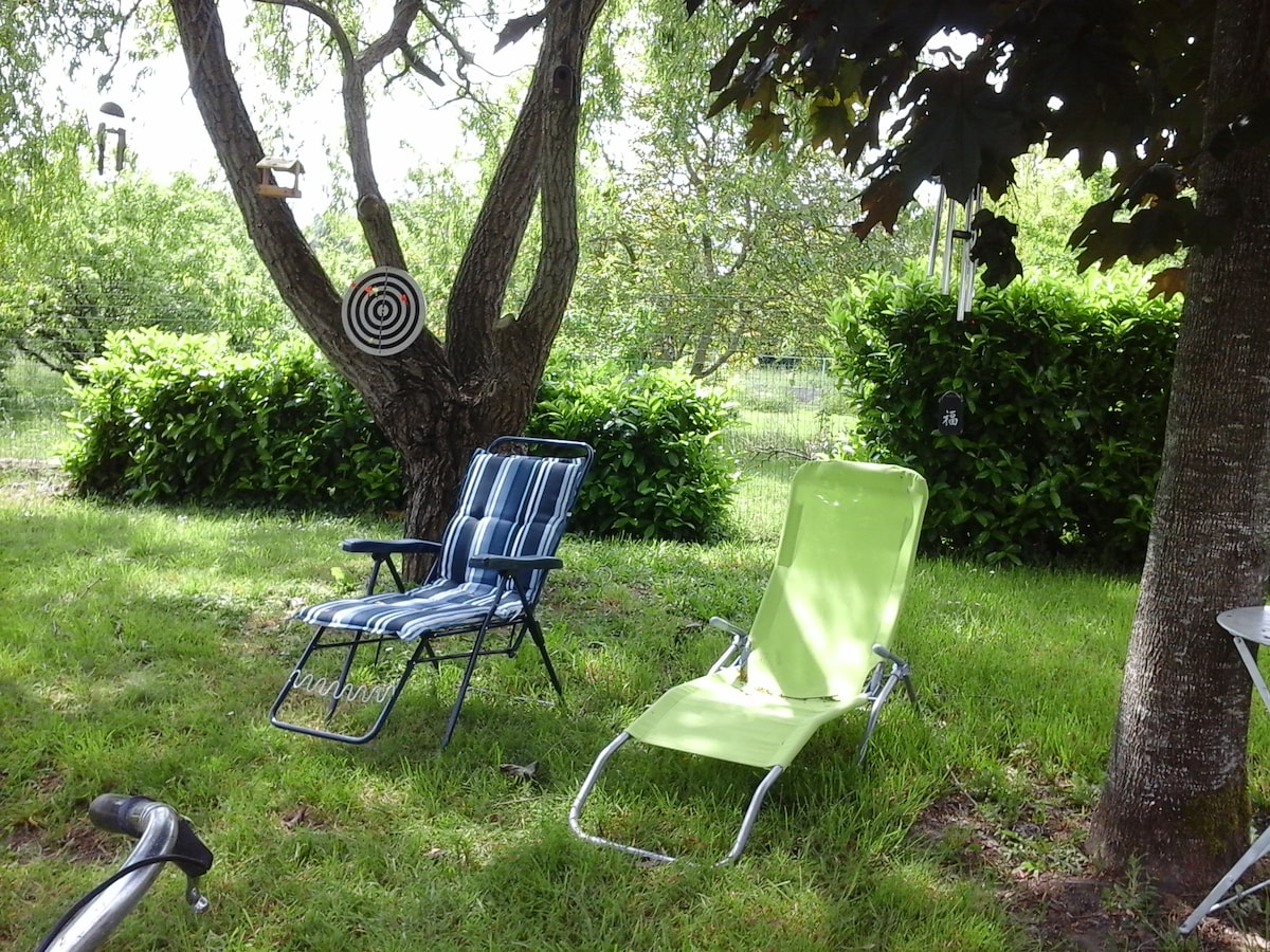 A peaceful garden setting features two reclining chairs, one in green and the other in blue stripes, placed on lush grass. A tree casts shade over them, and a dartboard is visible hanging nearby, surrounded by vibrant greenery.