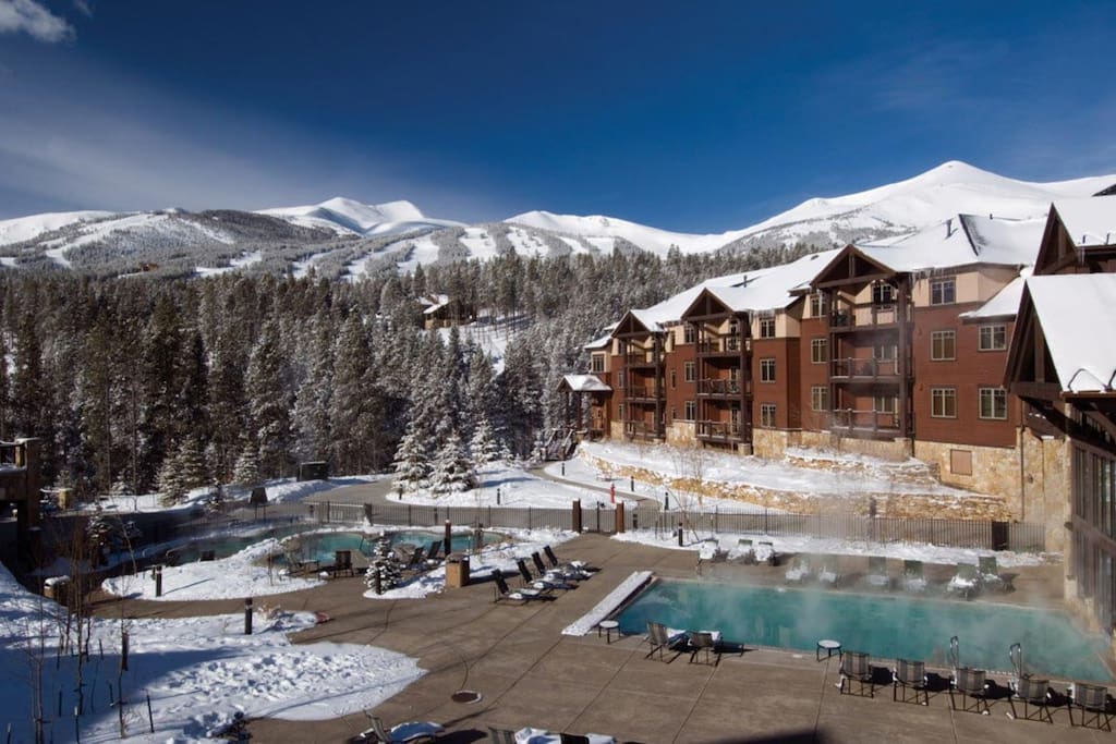 Enjoy the slopes from the outdoor pool and hot tubs