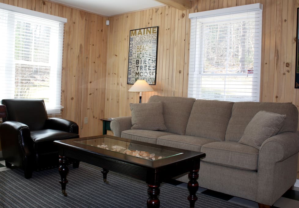 Comfortable living room includes a new queen sleeper sofa.