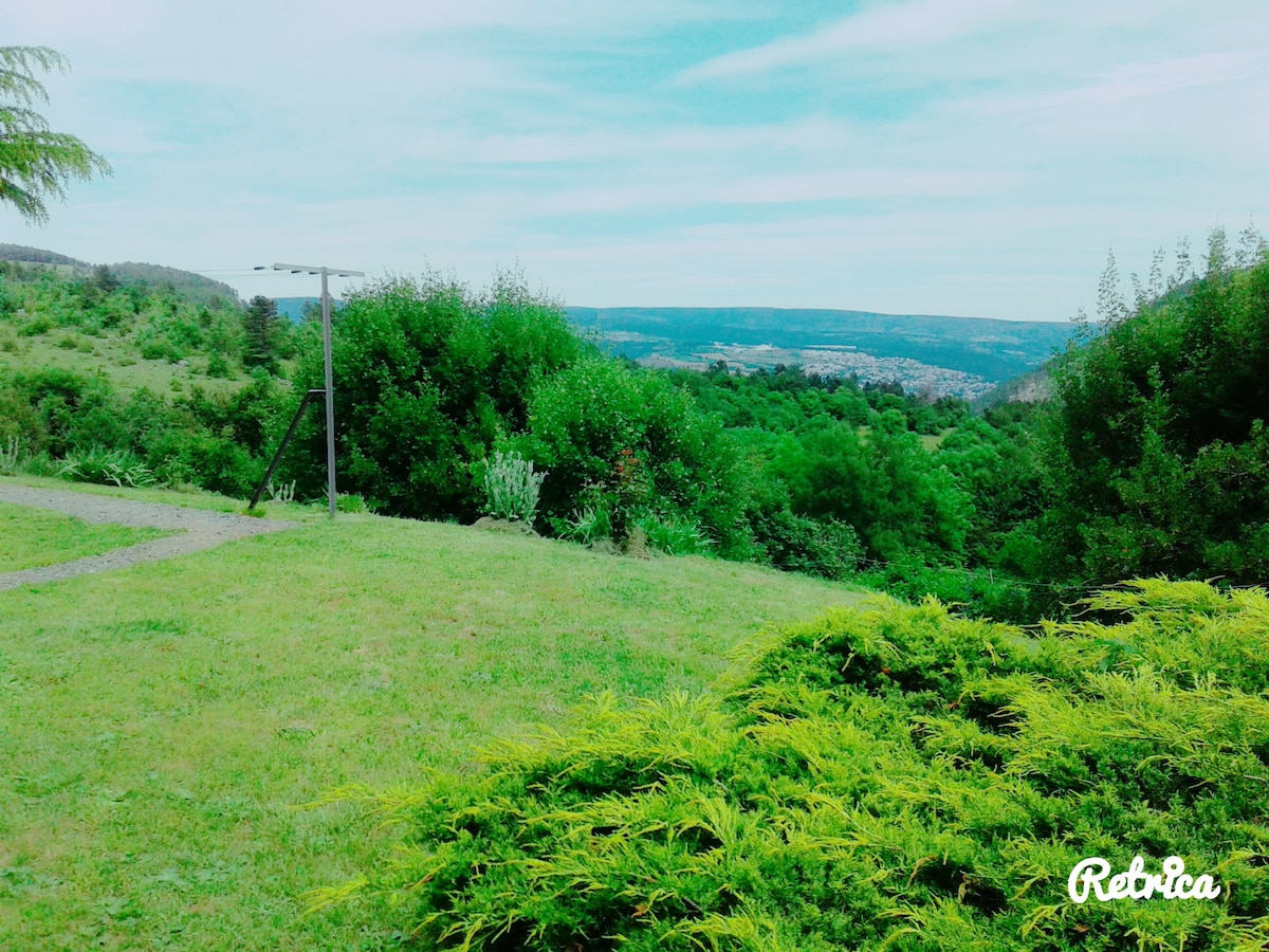 A scenic view captures lush greenery and rolling hills, extending towards distant landscapes. The foreground features well-maintained grass and low shrubs, while trees and foliage provide a natural boundary. A clear sky sets the backdrop for this tranquil outdoor space.