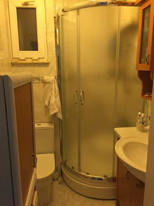 Common use bathroom. Clean and neat. Shower.