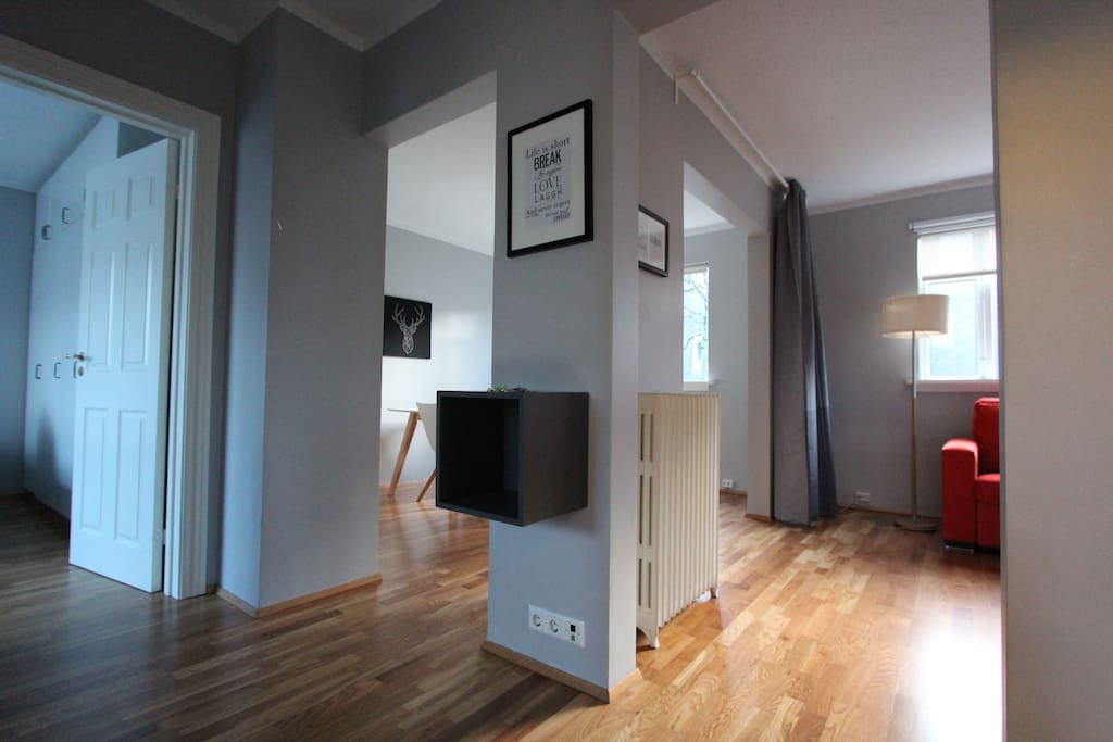 When entering the apartment, the kitchen is on the left, on this picture you see the bedroom door on the left, then the dining room and living room on the right. The bathroom is then on your right