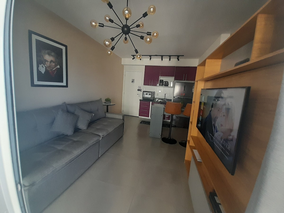 The living area features a modern sofa, with decorative pillows arranged neatly. A stylish light fixture hangs overhead, illuminating a compact kitchen area equipped with appliances and a breakfast bar. A wall-mounted television provides entertainment, with a framed artwork enhancing the decor.