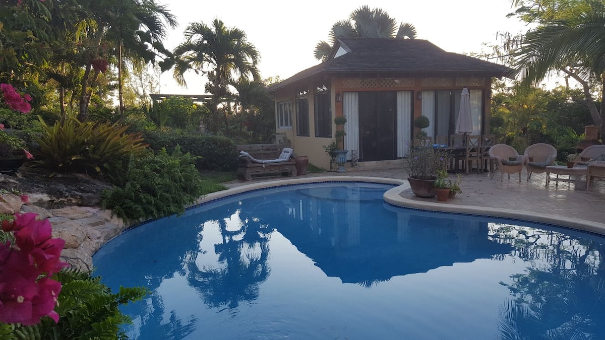 A serene freshwater pool reflects the surrounding gardens, framed by lush tropical plants and vibrant pink flowers. The villa appears in the background, featuring large glass doors and a shaded outdoor seating area, creating a peaceful retreat within the natural landscape.