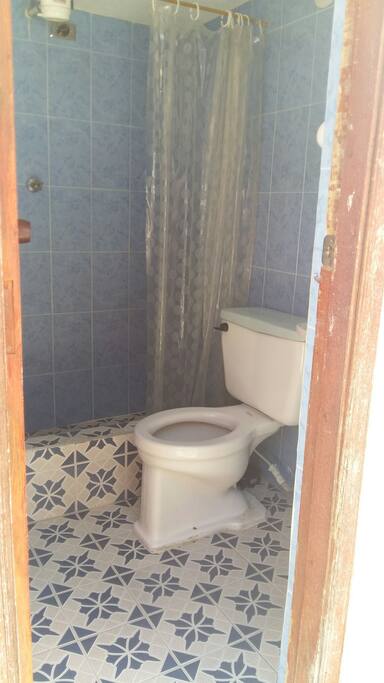 Cuarto de baño con ducha caliente, jabón, champú y toalla